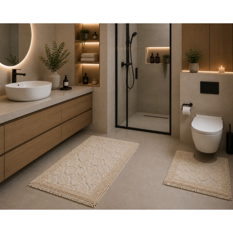 Set 2 Covorase Baie, Rombs Crem, Covor 100% Bumbac, Dimensiunea 60x100/50x60 cm